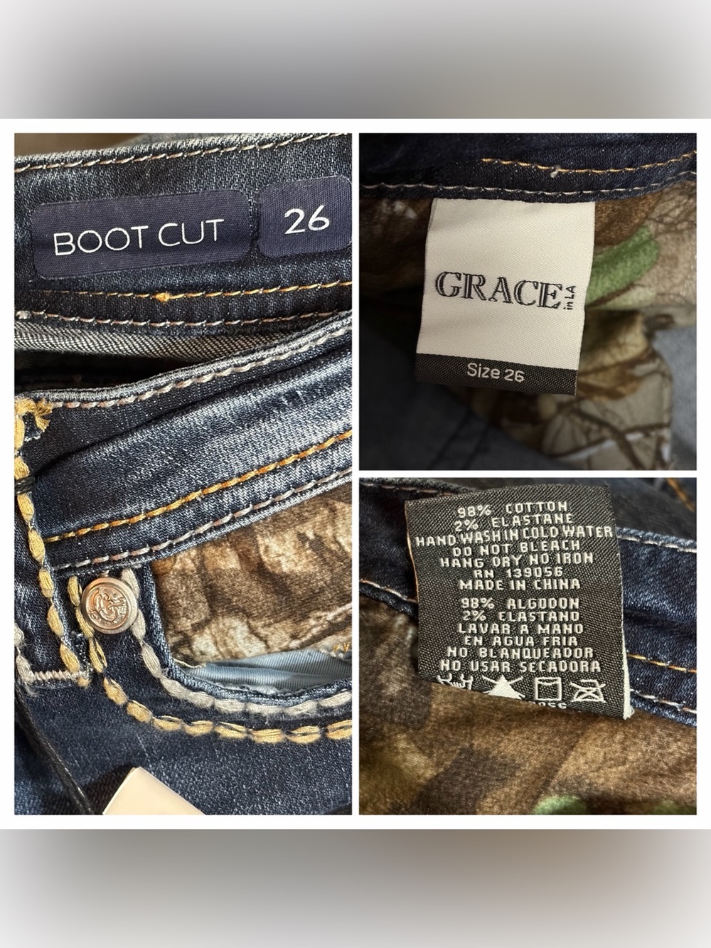 Grace in LA Camo Yoke Embellished Distressed Bootcut Jeans 2/26 NWT - Picture 9 of 10